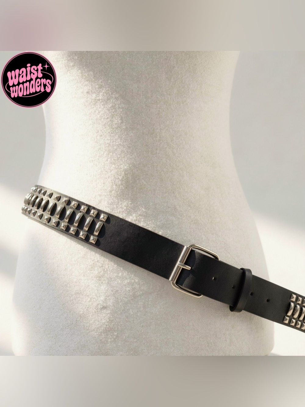 Y2K 2000s style Black leather belt with silver studs and buckle